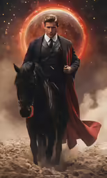 a young man in black riding on the back of a horse