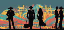 three silhouettes of cowboys with their instruments on a field,a stylized illustration of some people standing with luggage