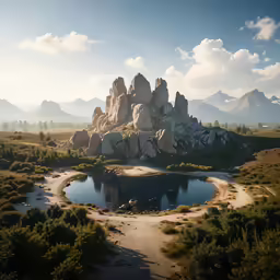 a beautiful landscape with mountains, rivers and water