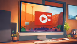 an desktop computer sitting on a desk in a room,the large screen computer is displaying the video game