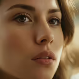 a close up of a woman with very big eyes