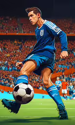 a man is kicking the soccer ball at a game,the soccer player in blue is trying to kick the ball