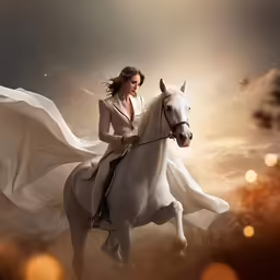 a woman is on top of a white horse in the desert