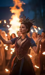 a woman in an evening dress holding torches