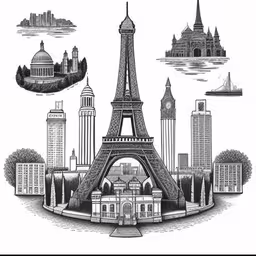 an image of a drawing of the eiffel tower,the eiffel tower with various buildings in it