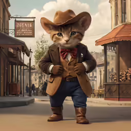 a 3d rendering of a cat dressed like george washington standing in a street