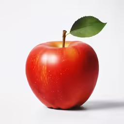 a red apple is pictured with a green leaf on it