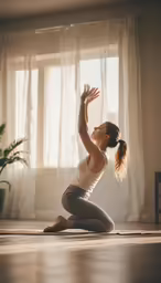 woman sitting in an upward position, reaching into the air