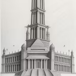 a drawing of a cathedral building on top of a hill