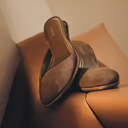 a pair of shoes sitting on the back of a couch