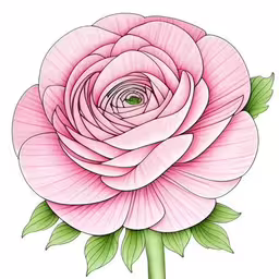 an image of a flower that is blooming,a beautiful pink flower with green leaves,a pink flower with green leaves on it,a drawing of a pink rose with leaves,the drawing is very detailed and detailed to the design