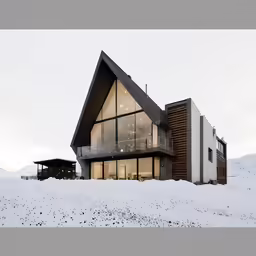 a large, modern house with a sloping roof on a snowy hill