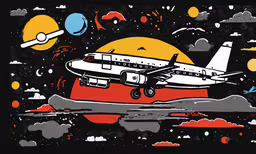a drawing of an airplane is on display,an airplane is flying over a red structure