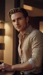 this young man is wearing a tan shirt and his hair is pulled back