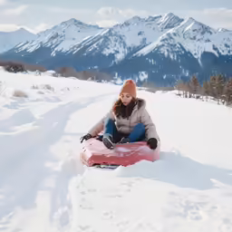 the woman is sitting on her stomach in the snow