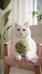 a white cat sitting on a pink chair with a green decoration in the foreground