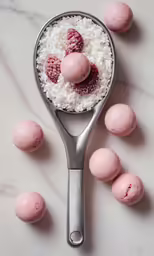 spoon with pink sugars on it and white bath balls