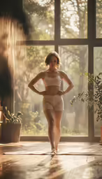a woman that is walking on a tile floor