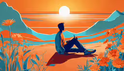 a painting of a person sitting on a rock and looking at the sun,a man sits on the ground in front of a sunset