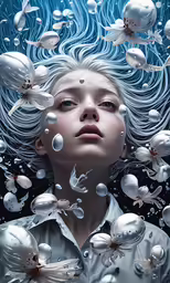 a woman with white hair surrounded by lots of bubbles