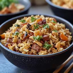 a bowl full of rice and meat next to chopsticks