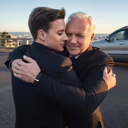 a woman hugs the head of a man in a suit