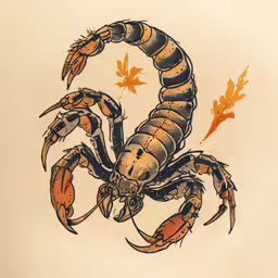 a drawing of a crab with orange leaves