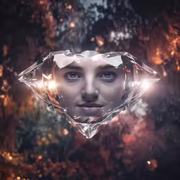 a girl with dark eyes has her face reflected in the clear crystal diamond