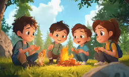 three kids are sitting around the campfire in the grass