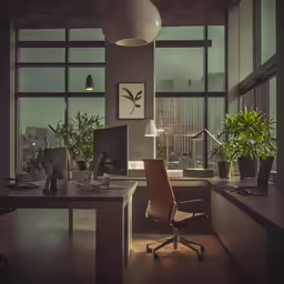 an office with lots of windows, a desk and chairs