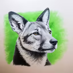 the head of a gray and black dog with green spot