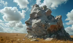 a person standing next to a large stone head in a field