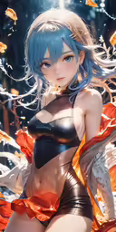 a sexy anime girl in a swim suit with butterflies flying around her