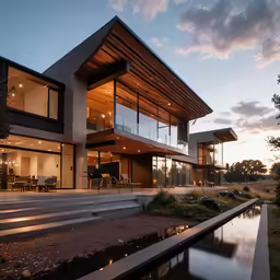 the exterior of a house lit up at dusk