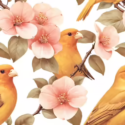 colorful birds sitting on branches of a flowering tree