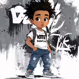 a young boy is wearing an afro with a vote shirt