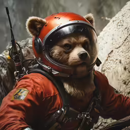 a bear dressed like a pilot is posed next to other animals