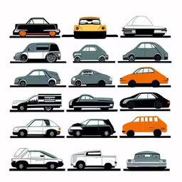 a car illustration series of nine different colored cars,a series of stylized images shows different cars on different levels