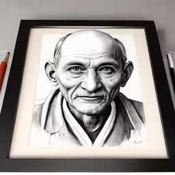 a drawing of a man on a desk with some pencils