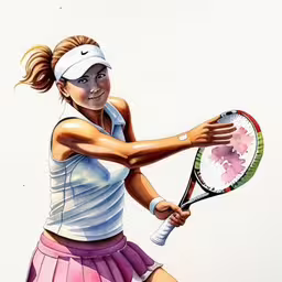 a girl tennis player is about to hit the ball,the painting depicts a woman hitting a tennis ball,a woman in a tennis outfit swings her racket,a painting of a woman in a tennis outfit swinging a racket,this is a watercolor painting of a young girl playing tennis