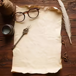 some old papers, feathers and some ink with glasses