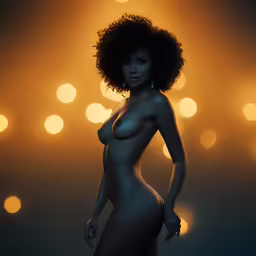 a dark figure with very big boobies in front of a lot of lights