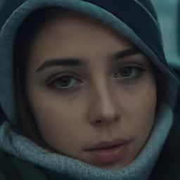 an adorable woman with big blue eyes and hood on
