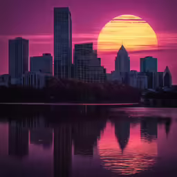 a city at sunset with a pink and orange sky