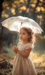 a little girl in a white dress holds an umbrella