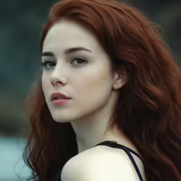 a woman wearing a black top has red hair and a blue eyeshade