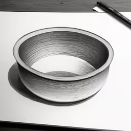 a drawing of a bowl and pen on a paper