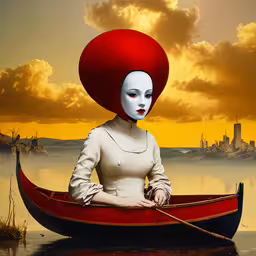 a woman with white makeup and red headdress is in a boat,a woman in a white mask in a red boat