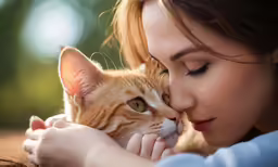 the woman is holding her cat up to her face