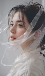 a model with veil covering her face, looking very serious